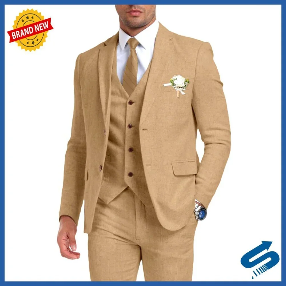 Slim Fit Linen Suit 3-Piece Set for Prom Wedding Business Formal Occasions